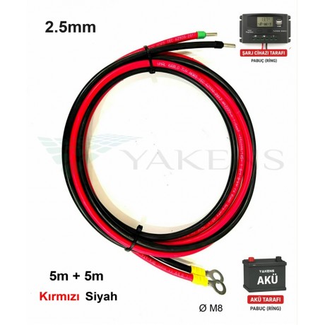 2.5mm (5m+5m) Solar Regülatör Kuru Akü Bağlantı Kablosu Hazır Seti –  Şarj Kontrol Cihazı Halka Soket Papuçlu Kırmızı Siyah Kablo